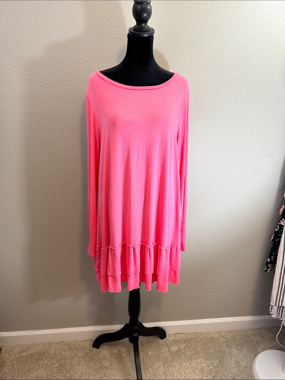 Bright Pink Long Sleeve Ruffle-Hem Tunic Top